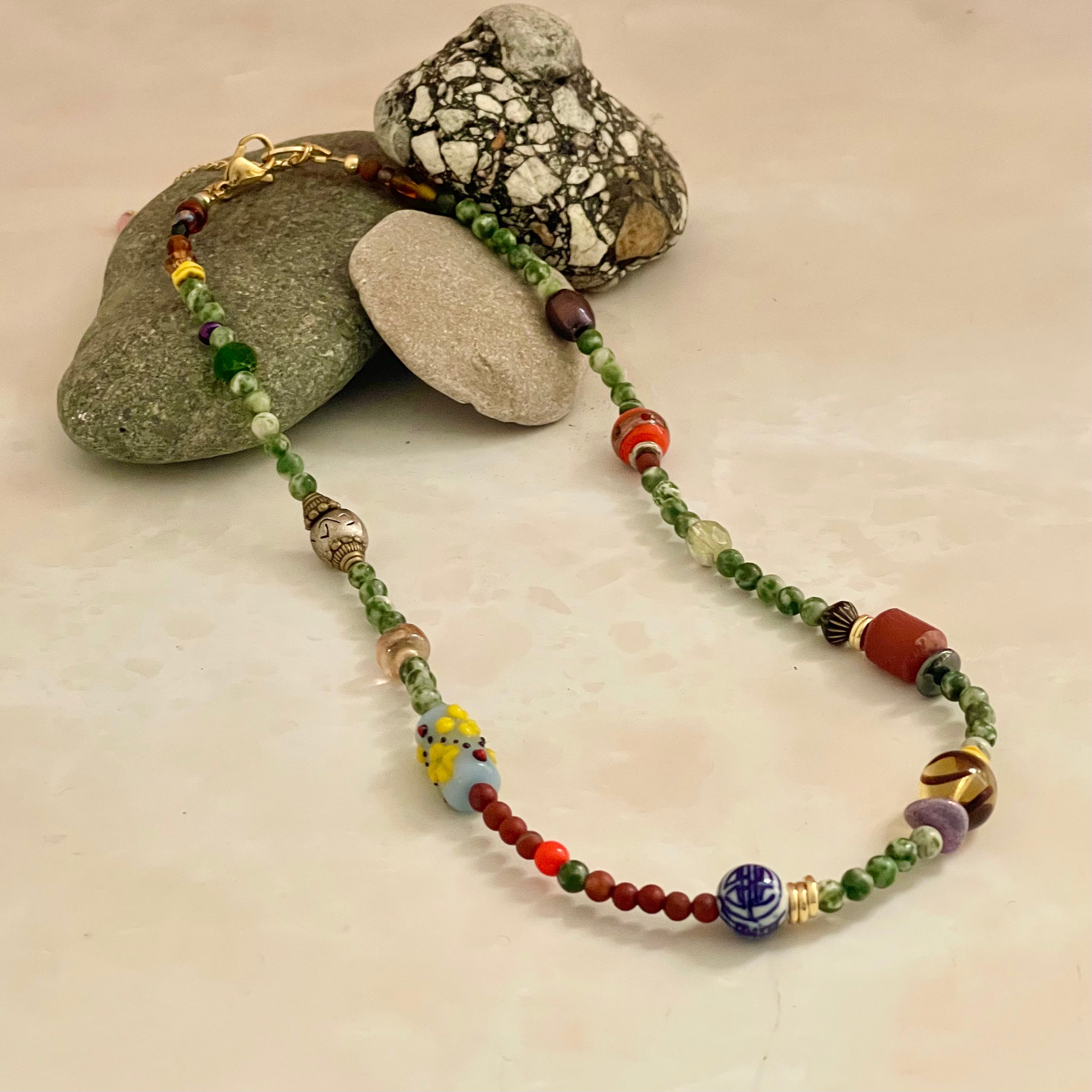 Beaded Necklace - Sunday Nights - Green Spot Jasper