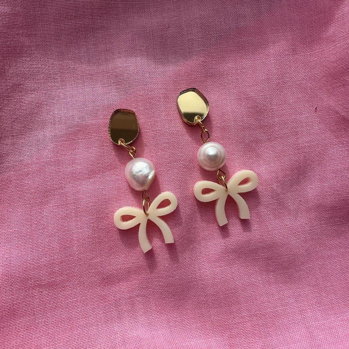 Bow Dangle Earrings- Cream and Gold